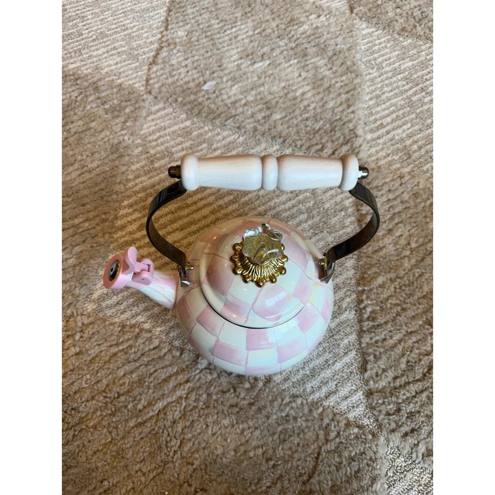 Mackenzie Childs Rosy Check Enamel Tea Kettle Pink White 2 Quart Whistling New